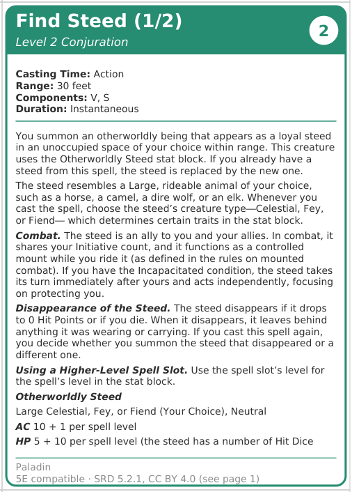 Find Steed spell card, first of two, with the steed stat block