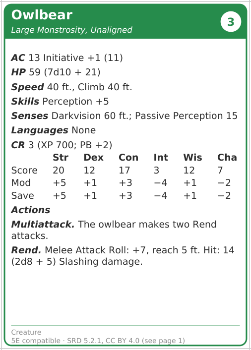 Owlbear creature card with its stat block